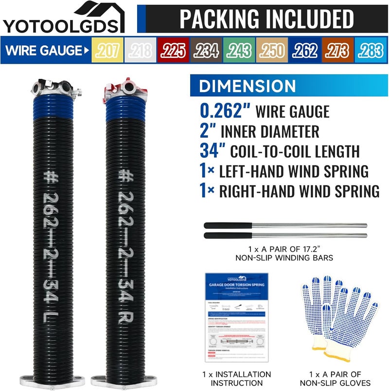 YOTOOLGDS مجموعة من زنبركات التواء باب المرآب 2" مع قضبان لف غير قابلة للانزلاق وقفازات، مطلية بالأسود بدقة عالية بدون زيت، للتبديل، MIN 16,000 دورة (0.262 x 2" x 34'') - Image 2